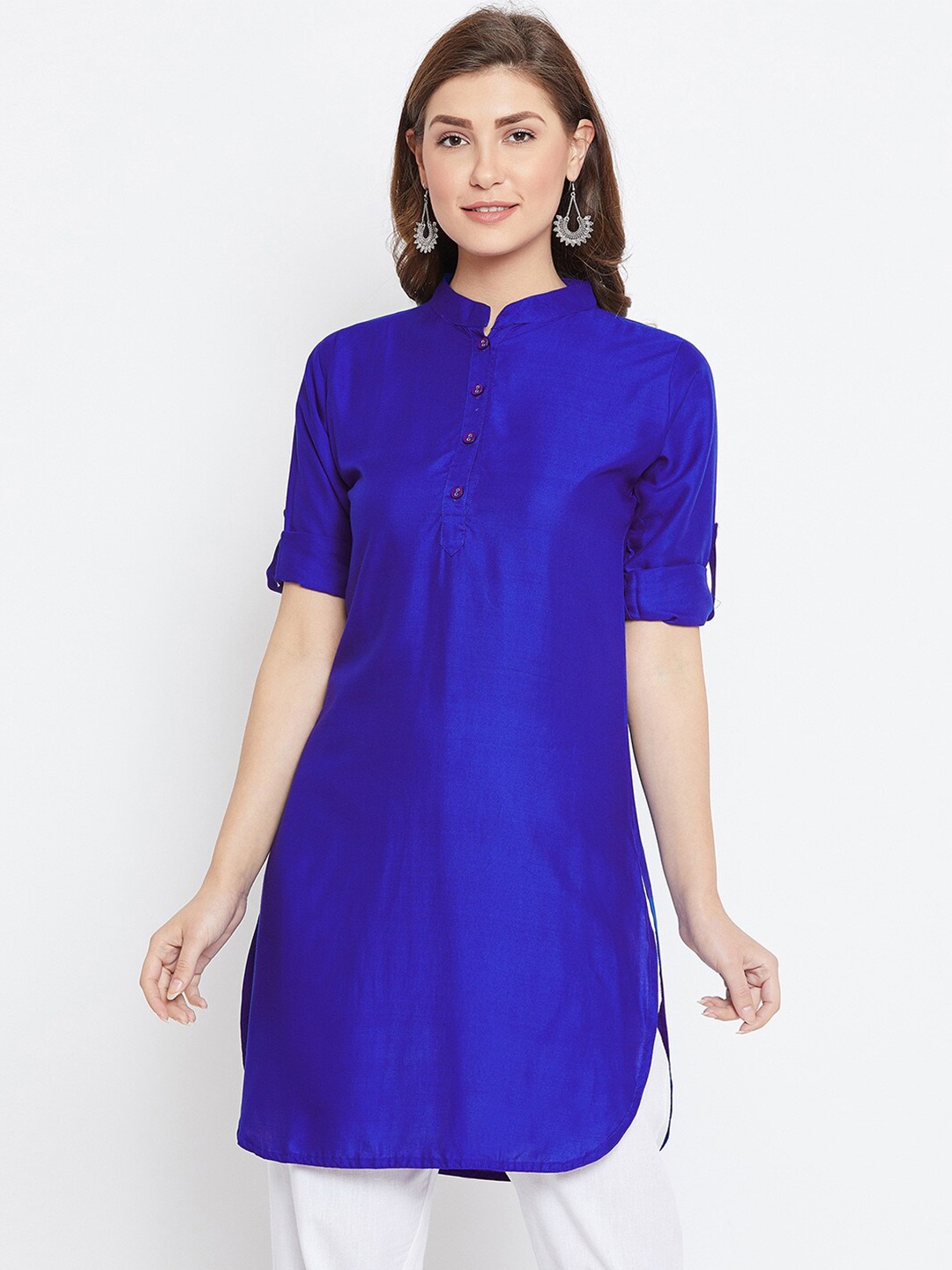 

THE PAJAMA FACTORY Mandarin Collar Roll Up Sleeevs Straight Kurti, Blue