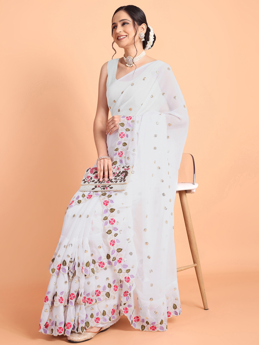 

Mitera White Embellished Sequinned Pure Georgette Saree