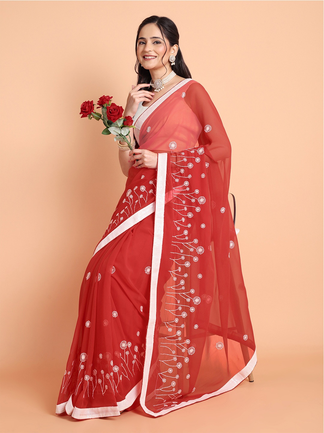

Mitera Red Floral Embroidered Sequinned Saree