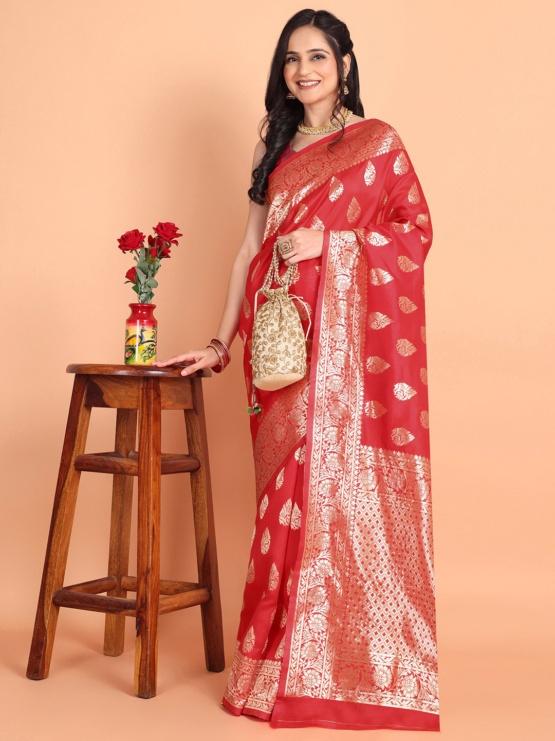

Mitera Red Ethnic Motifs Woven Design Zari Banarasi Saree