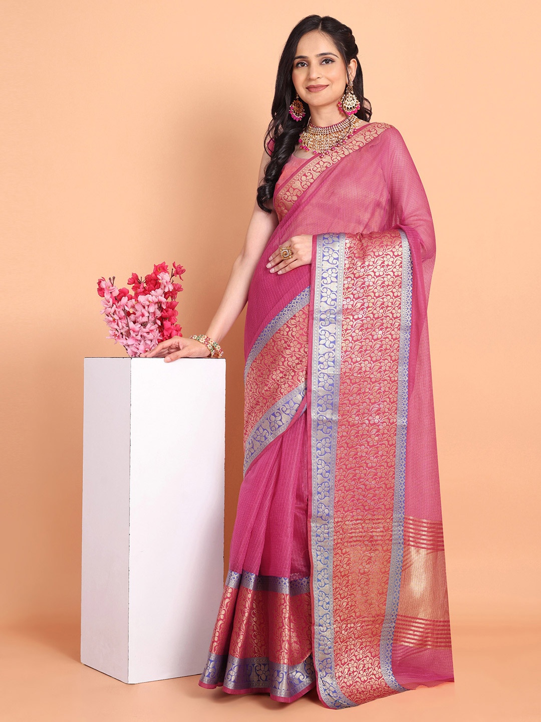 

Mitera Pink Geometric Woven Design Zari Khadi Saree