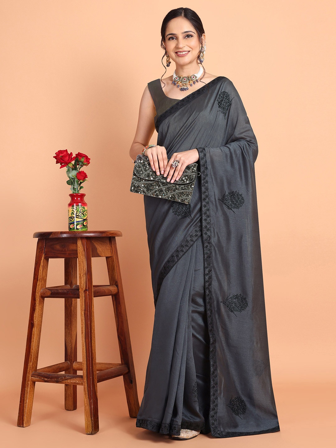 

Mitera Embellished Embroidered Saree, Grey