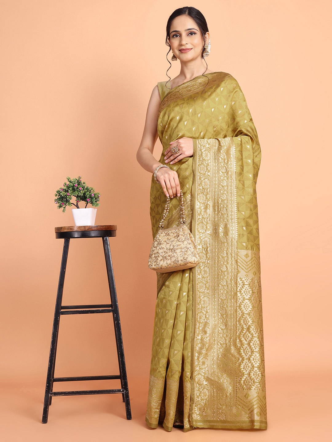

Mitera Mustard Yellow Geometric Woven Design Zari Kasavu Saree