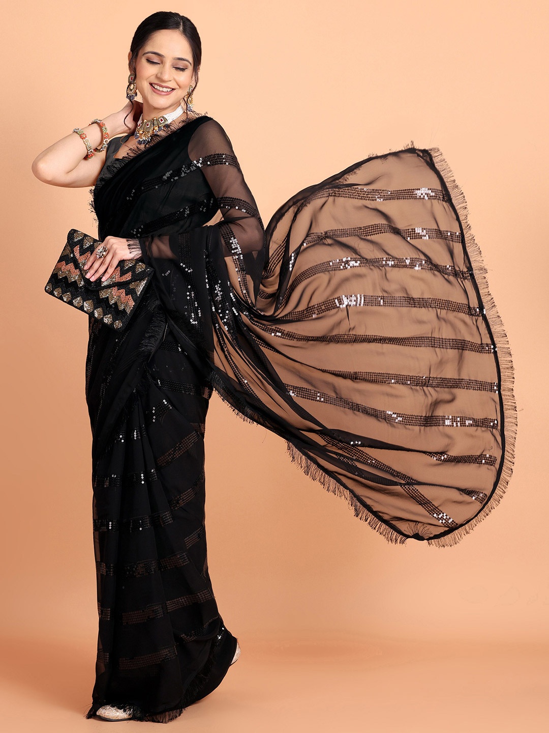 

Mitera Embellished Sequinned Pure Georgette Saree, Black
