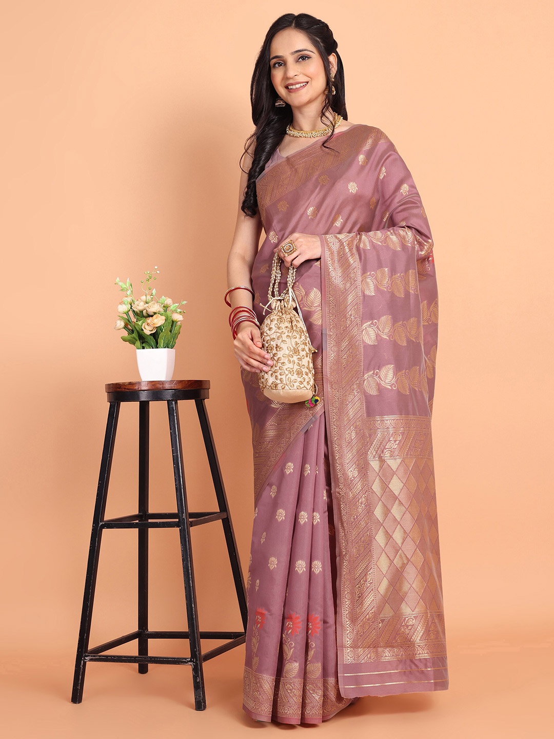 

Mitera Peach Coloured Ethnic Motifs Woven Design Zari Kanjeevaram Saree