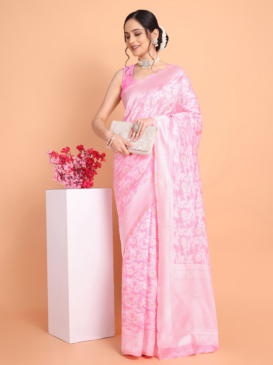 

Mitera Pink Woven Design Zari Banarasi Saree