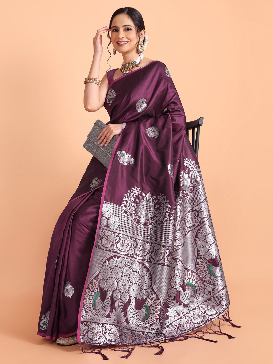 

Mitera Purple Ethnic Motifs Woven Design Zari Banarasi Saree