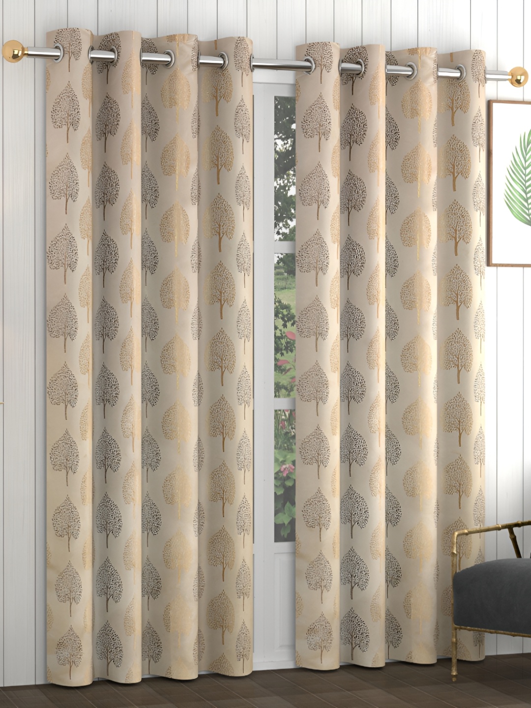 

Yellow Weaves Brown & Beige 2 Pieces Floral Printed Long Door Curtains