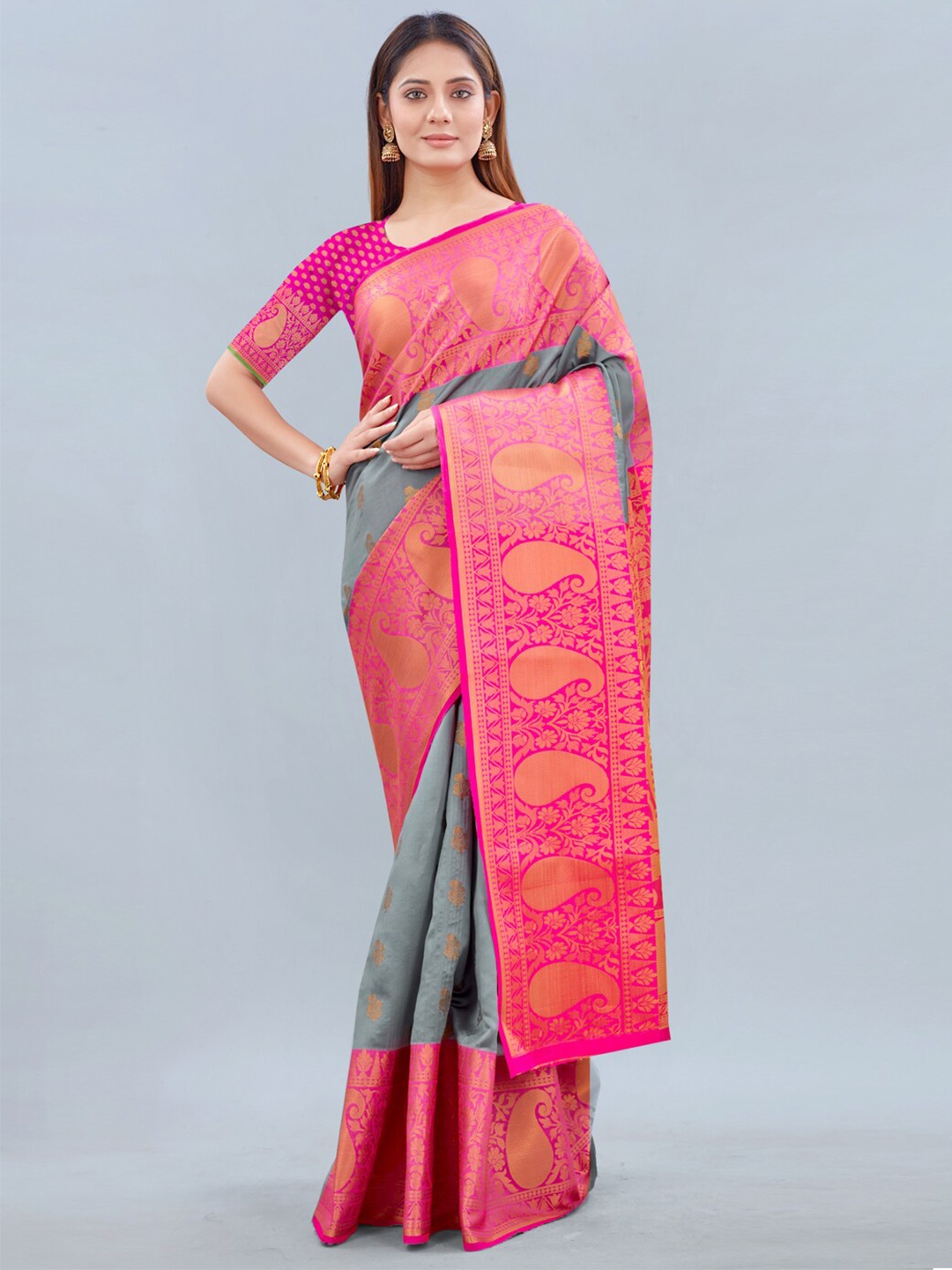 

Siya Fashion Ethnic Motifs Woven Design Zari Banarasi Saree, Grey