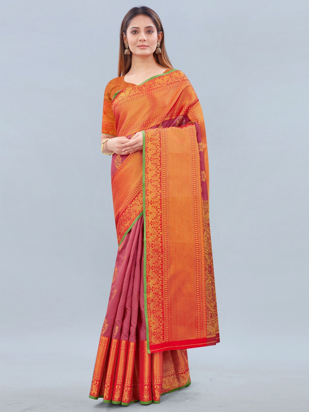 

Siya Fashion Ethnic Motifs Woven Design Zari Banarasi Saree, Pink