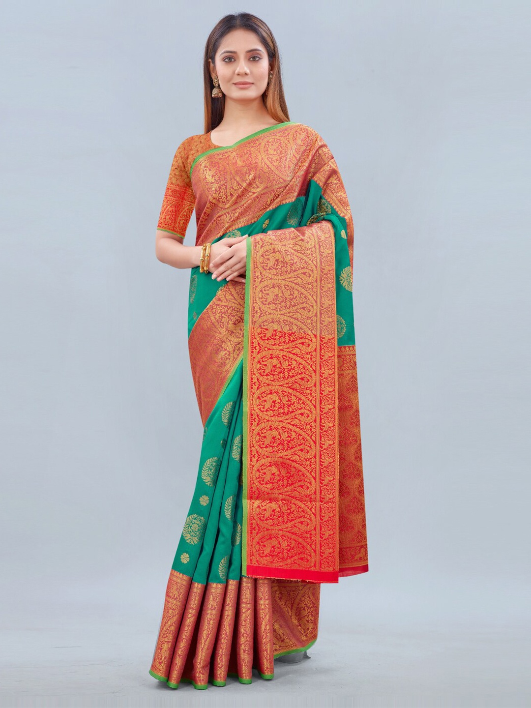 

Siya Fashion Ethnic Motifs Woven Design Zari Banarasi Saree, Green