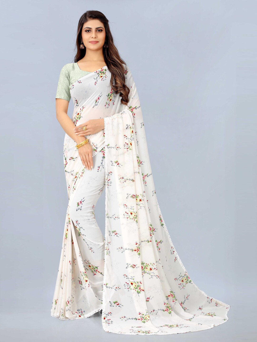 

Siya Fashion Floral Pure Georgette Block Print Saree, White