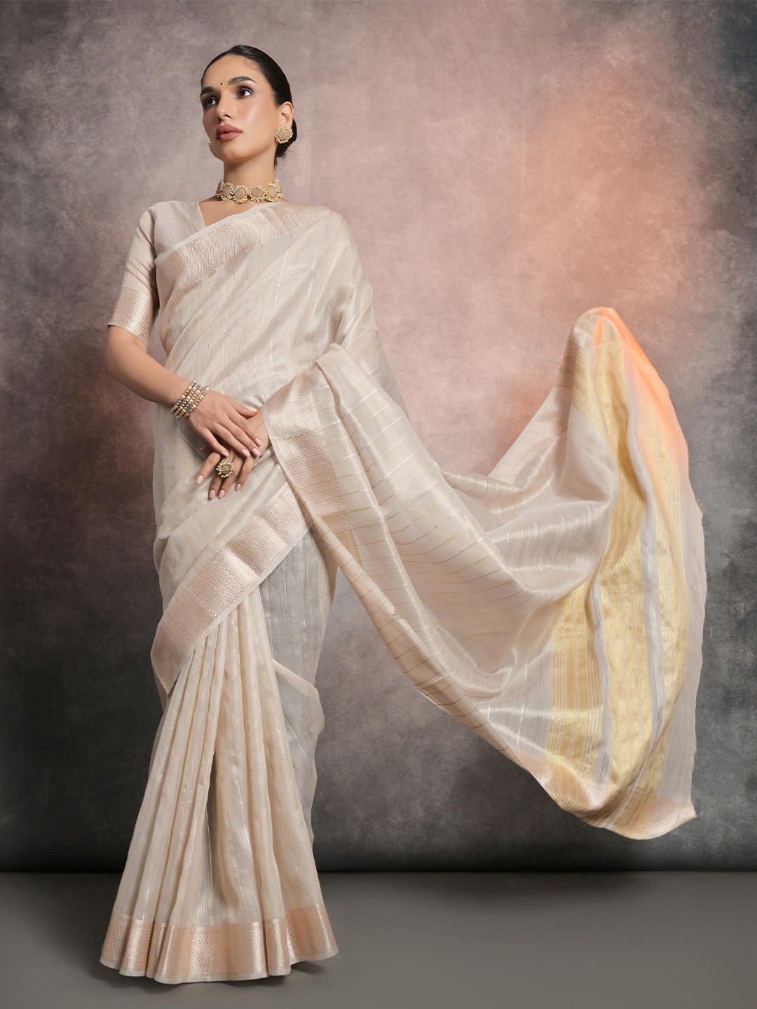 

Mitera Cream Coloured Striped Zari Banarasi Saree