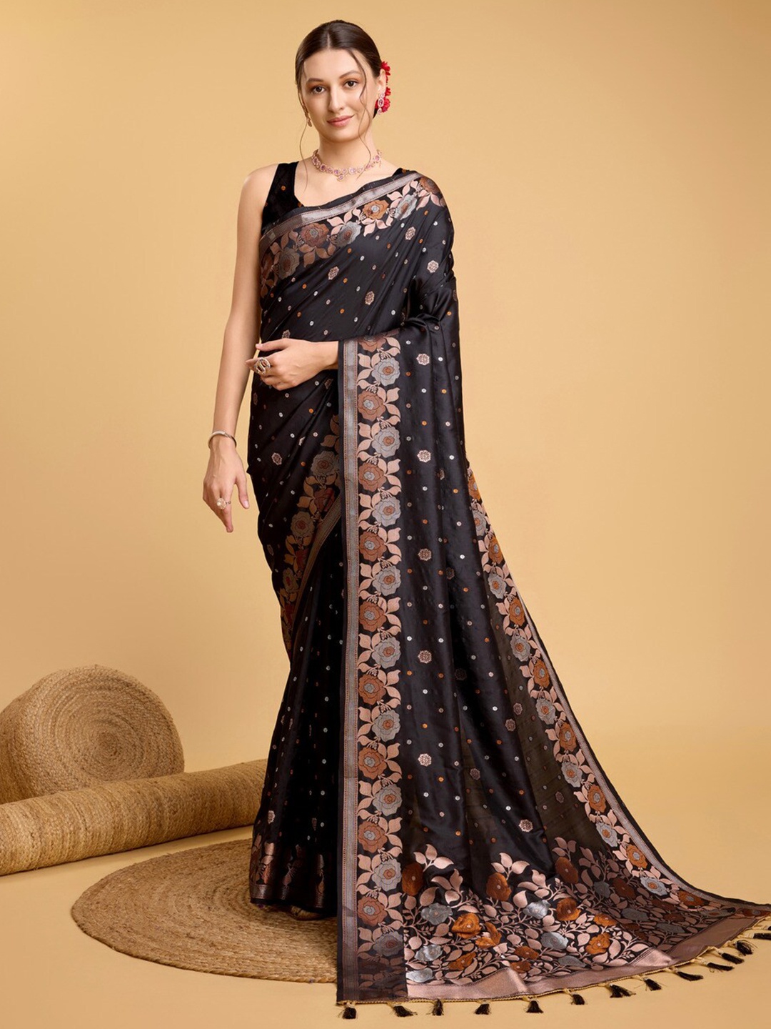 

Mitera Black Floral Woven Design Zari Banarasi Saree