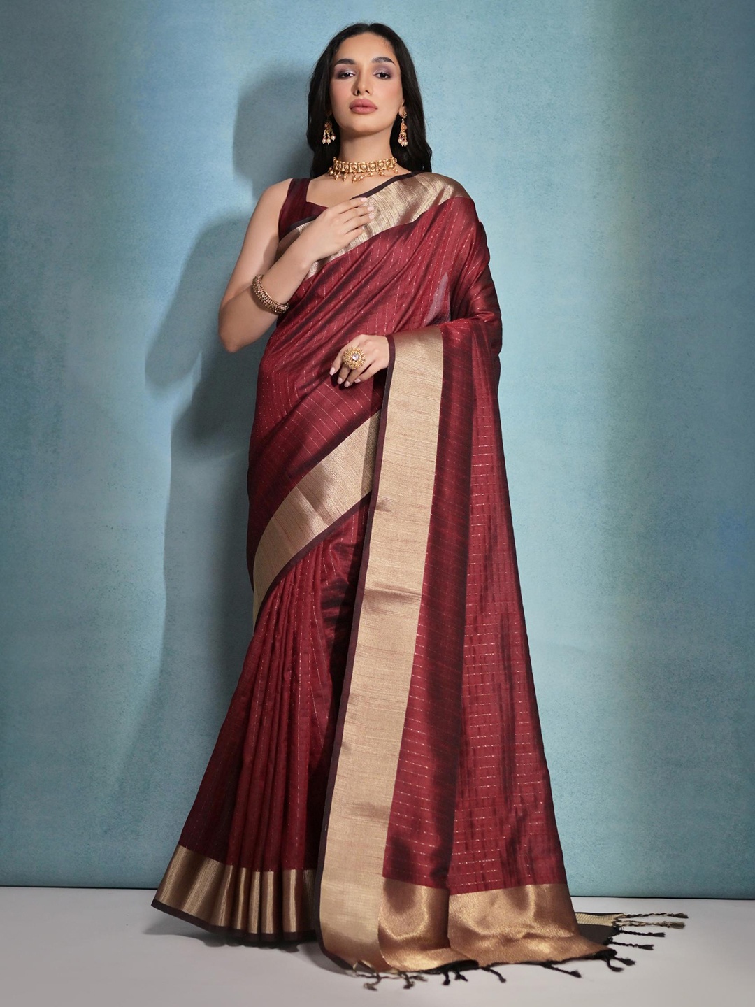 

Mitera Maroon Striped Zari Banarasi Saree