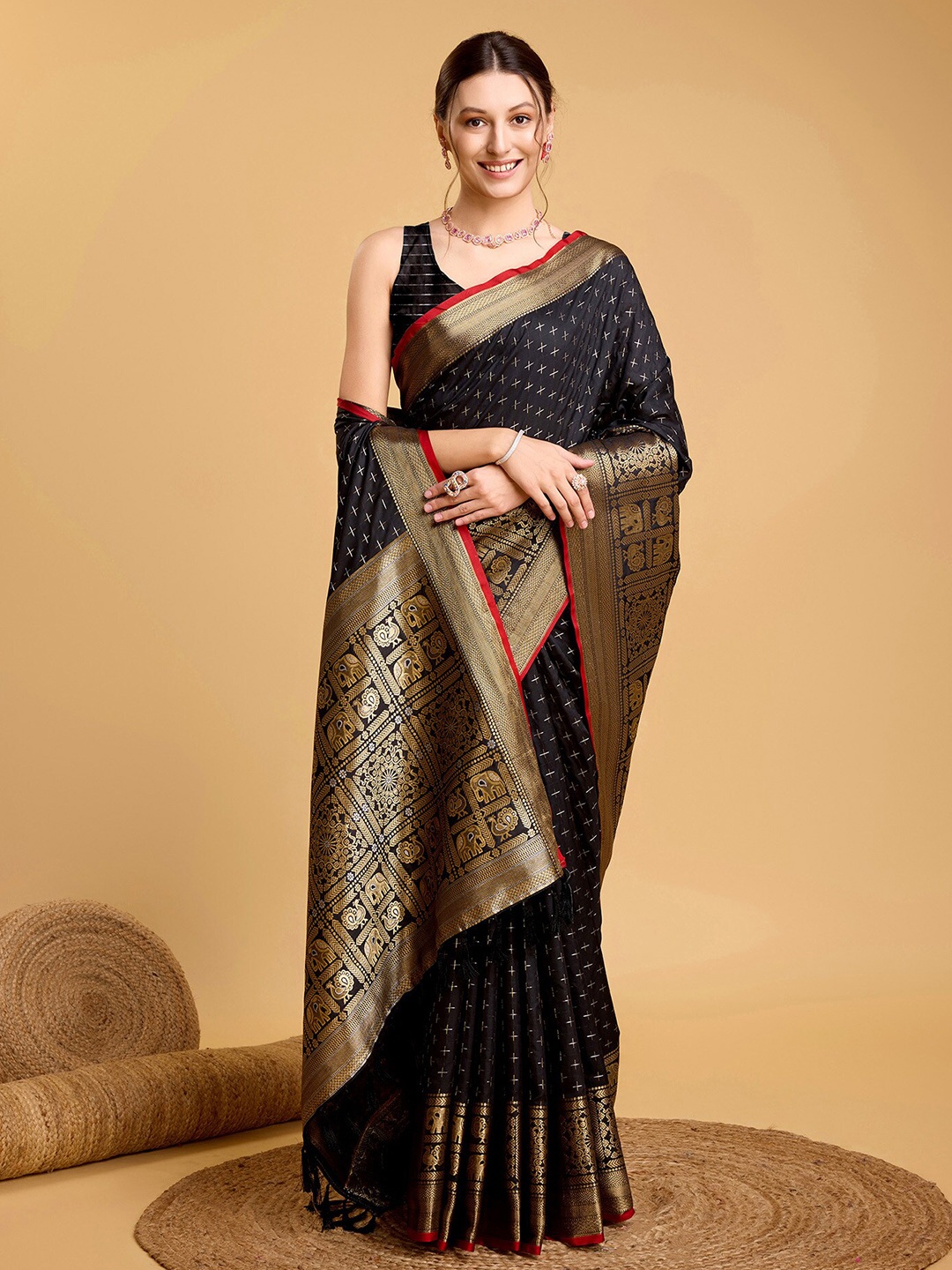 

Mitera Ethnic Motifs Woven Design Zari Banarasi Saree, Black