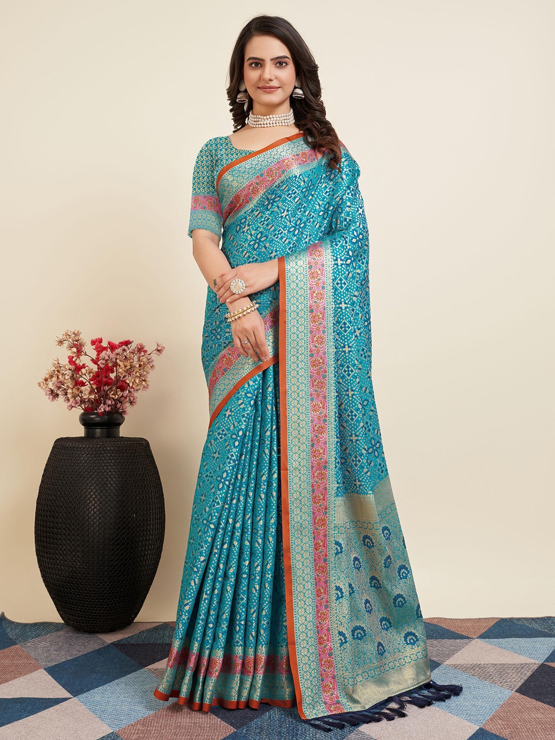 

Mitera Blue Ethnic Motifs Woven Design Zari Banarasi Saree