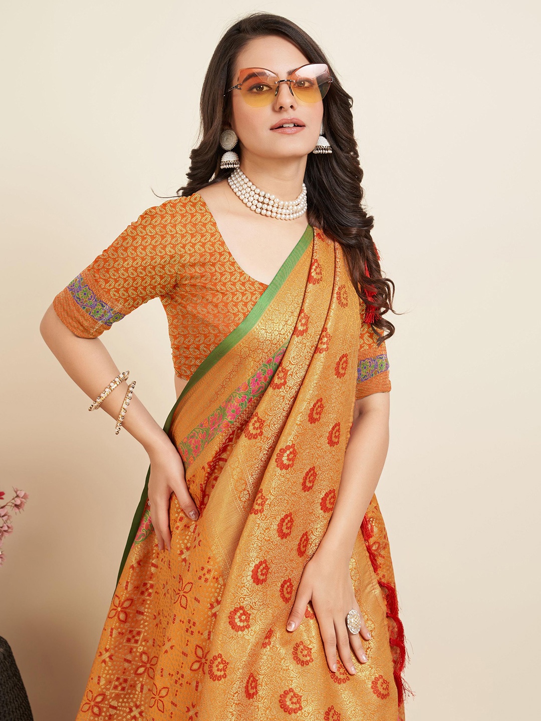 

Mitera Yellow Floral Woven Design Zari Banarasi Saree