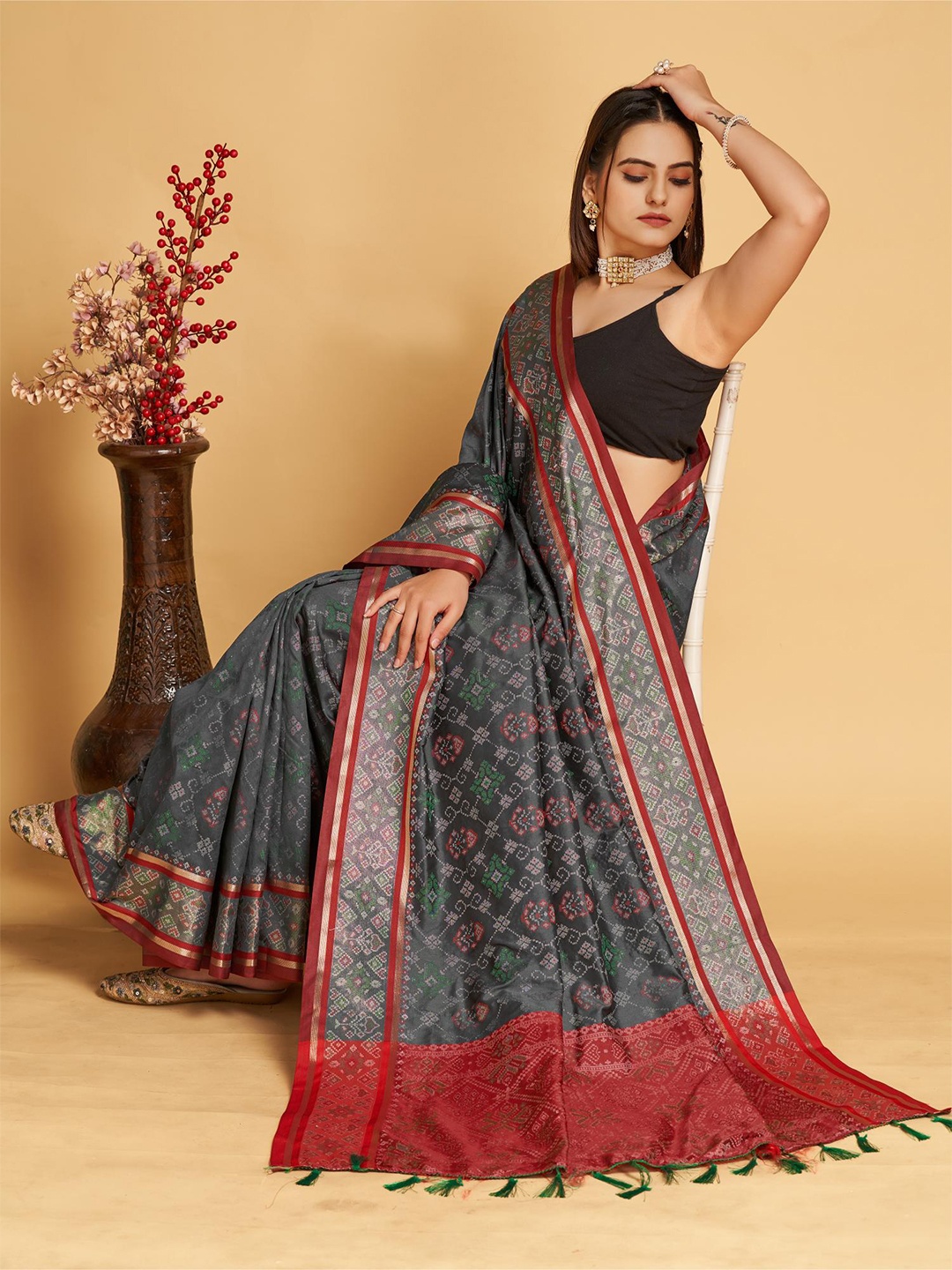 

Mitera Ethnic Motifs Woven Design Zari Patola Saree, Grey