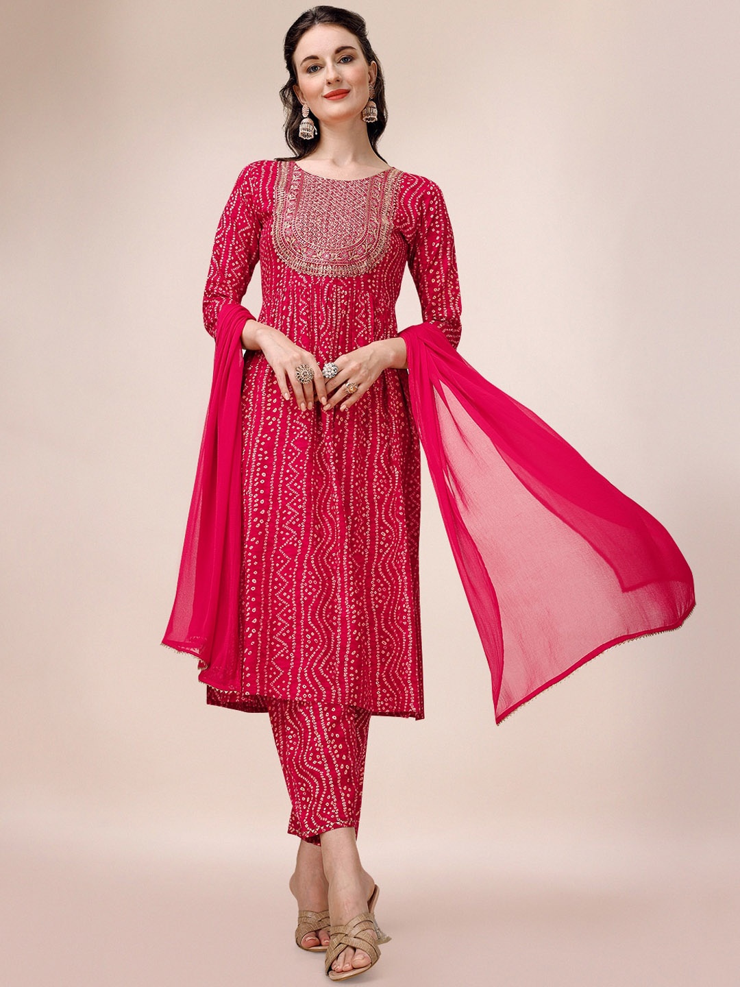 

KALINI Bandhani Printed Pleated Thread Work Kurta with Trousers & Dupatta, Pink