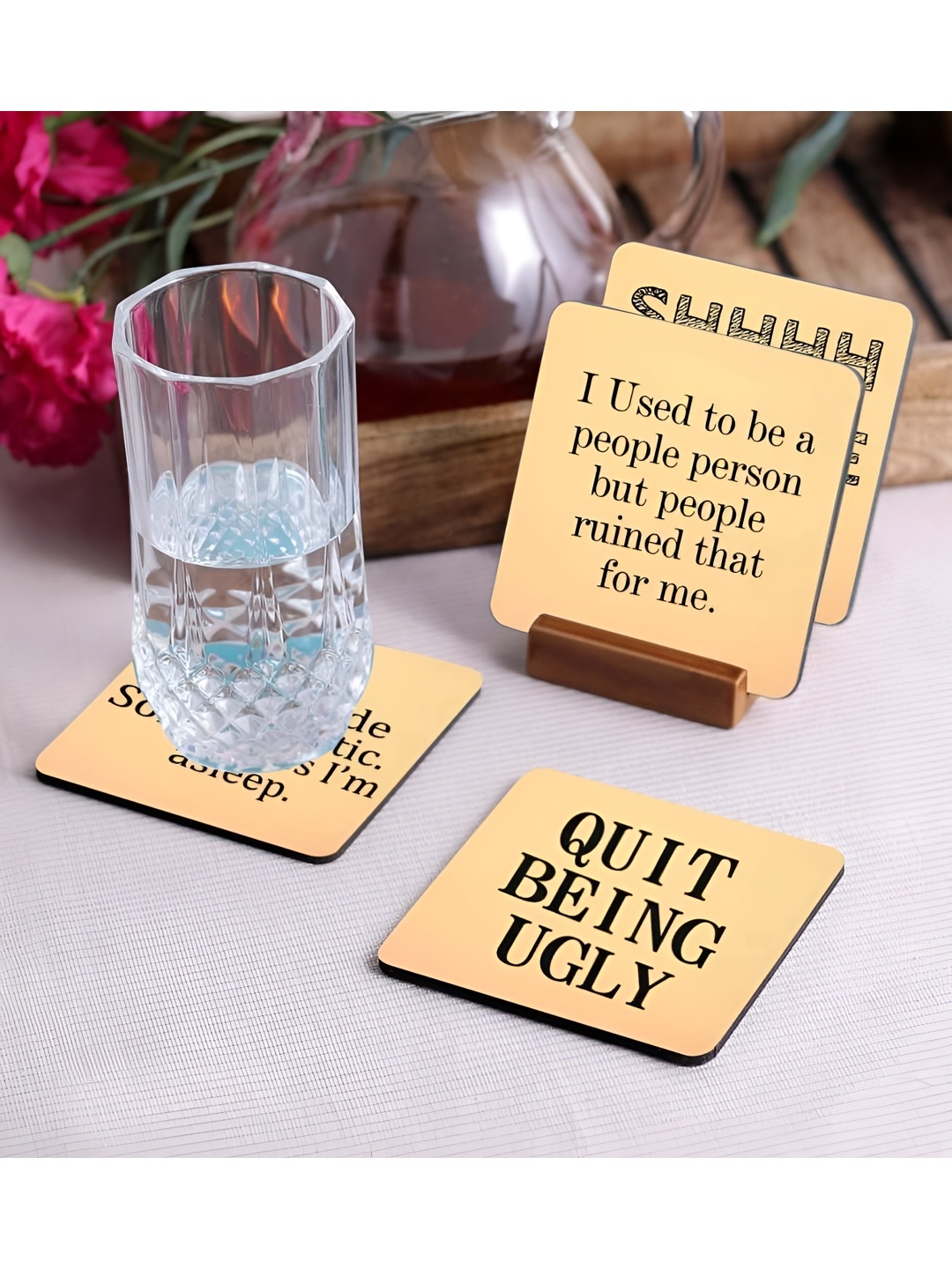 

Crazy Sutra Premium Yellow & Black 4Pcs HD Printed MDF Coasters, Grey