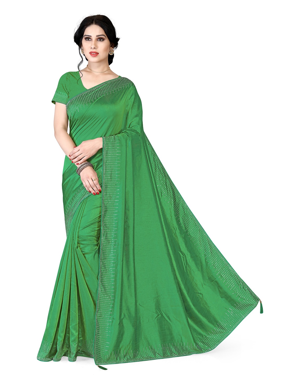 

KALINI Solid Beads & Stones Border Saree, Green