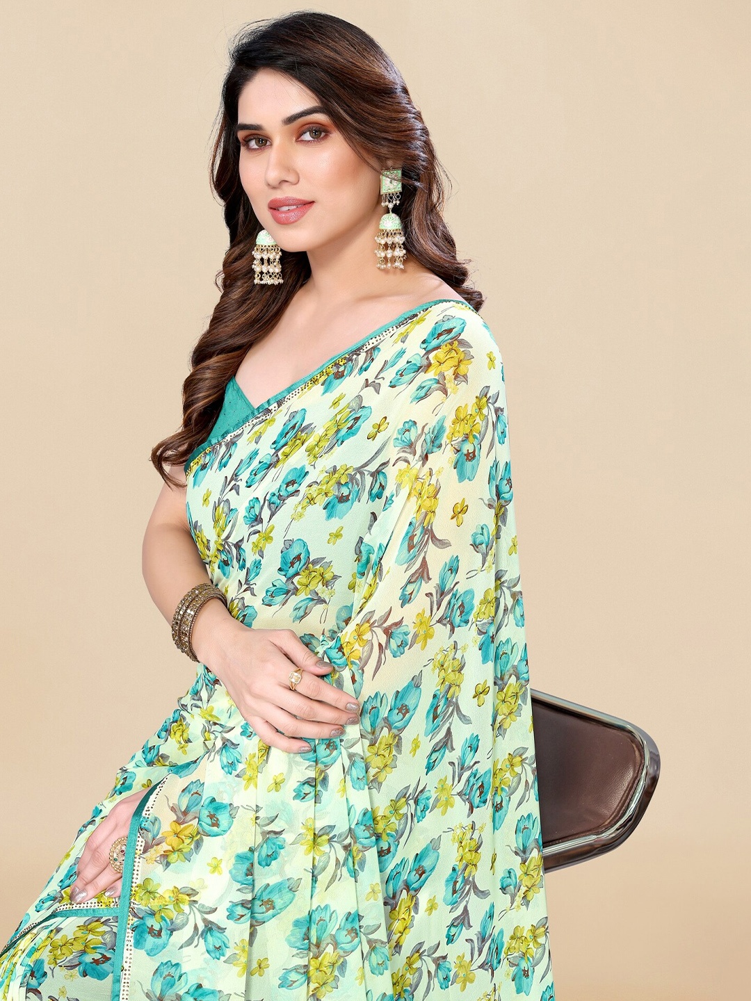 KALINI Floral Printed Beads & Stones Saree, Green