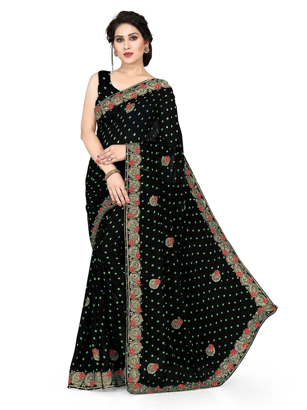 

KALINI Bandhani Embroidered Bandhani Saree, Black
