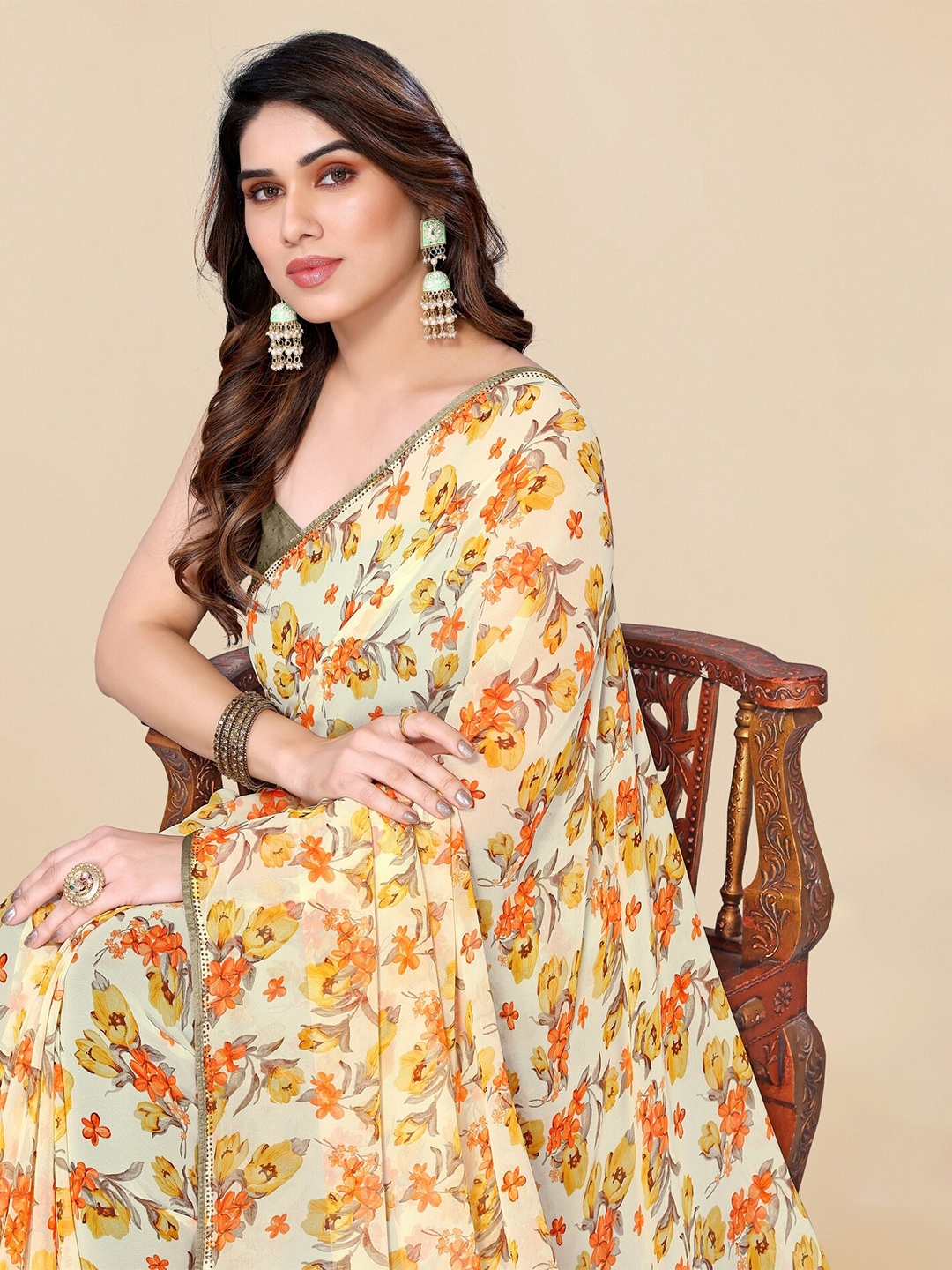 

KALINI Floral Printed Beads And Stones Saree, Off white