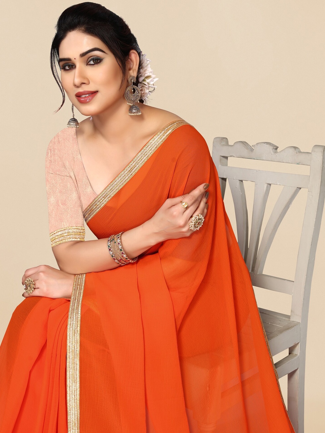 

KALINI Solid Beads & Stones Border Saree, Orange