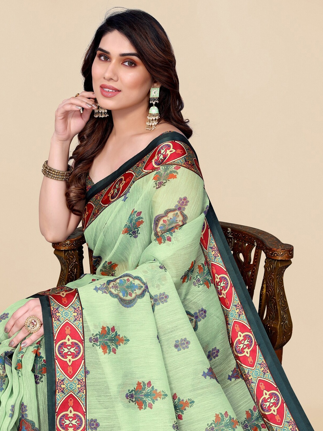 

KALINI Ethnic Motifs Block Print Saree, Green