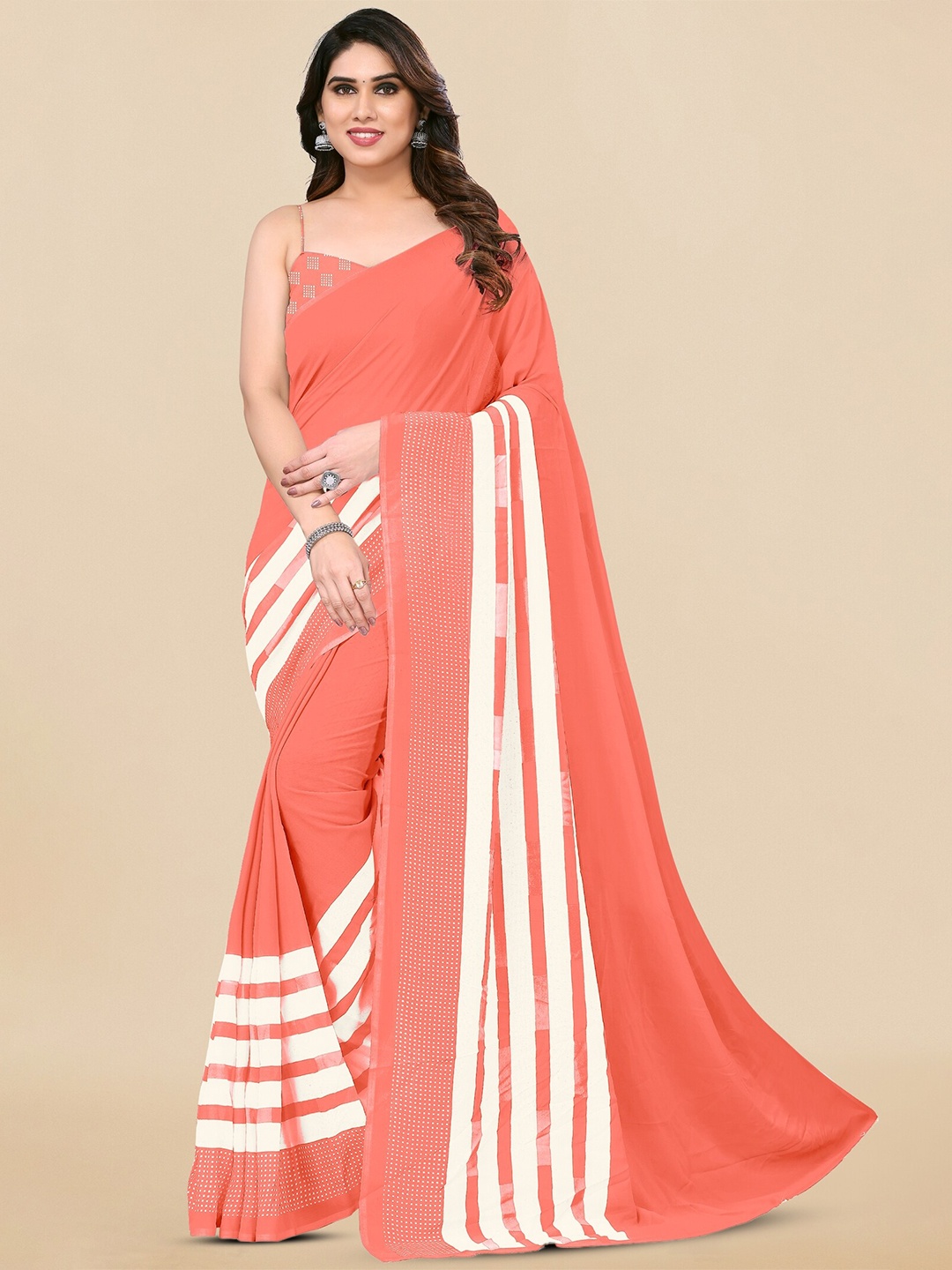 

KALINI Striped Poly Georgette Saree, Peach