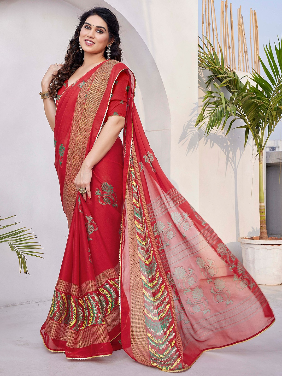 

KALINI Floral Printed Sequinned Saree, Red