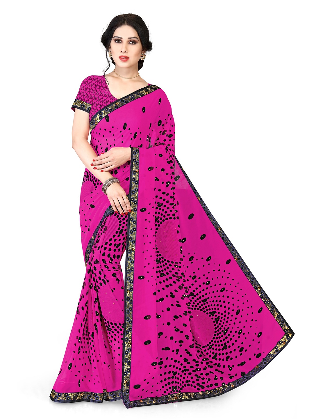 

KALINI Polka Dot Printed Zari Saree, Pink