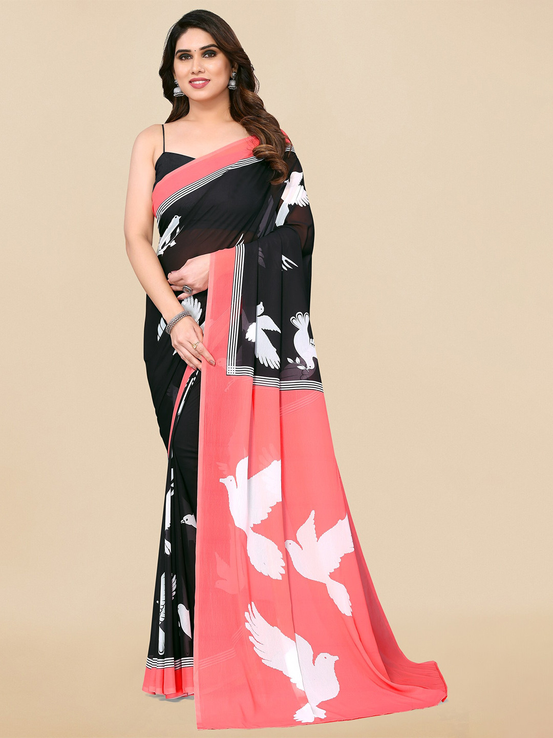 

KALINI Ethnic Motifs Block Print Saree, Black