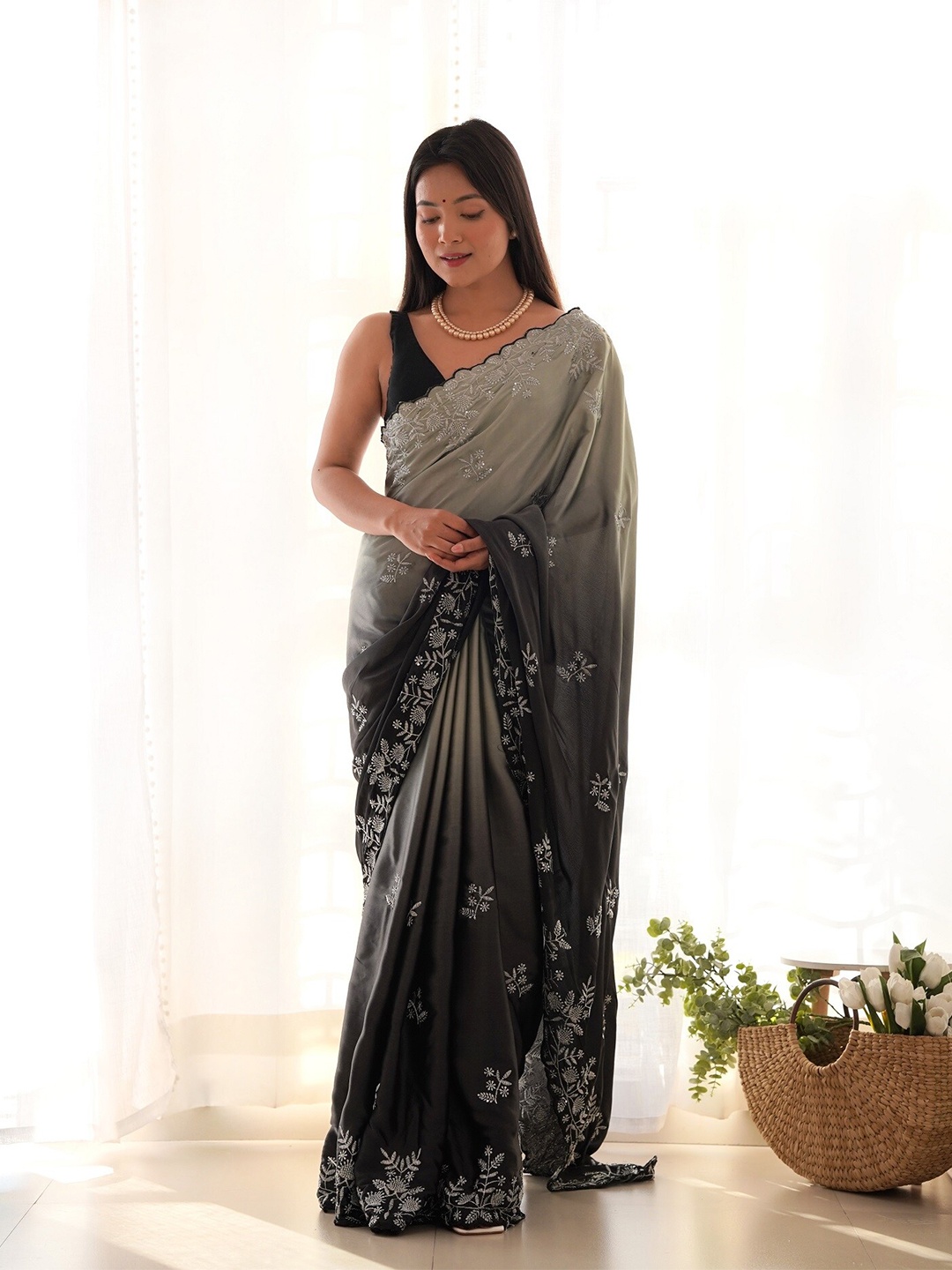 

Anouk Floral Embroidered Satin Saree, Black