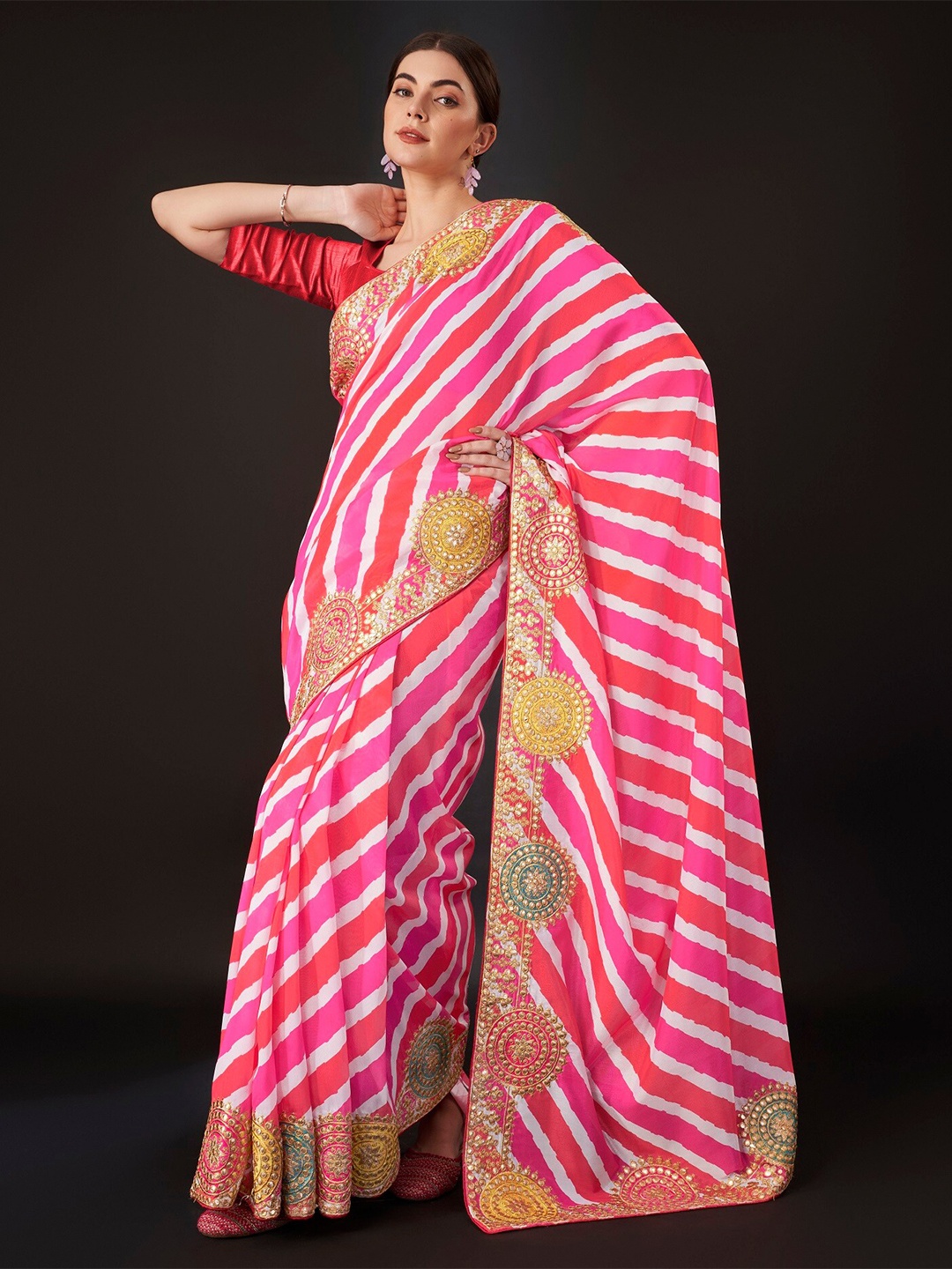

Anouk Leheriya Printed Embroidered Leheriya Saree, Pink