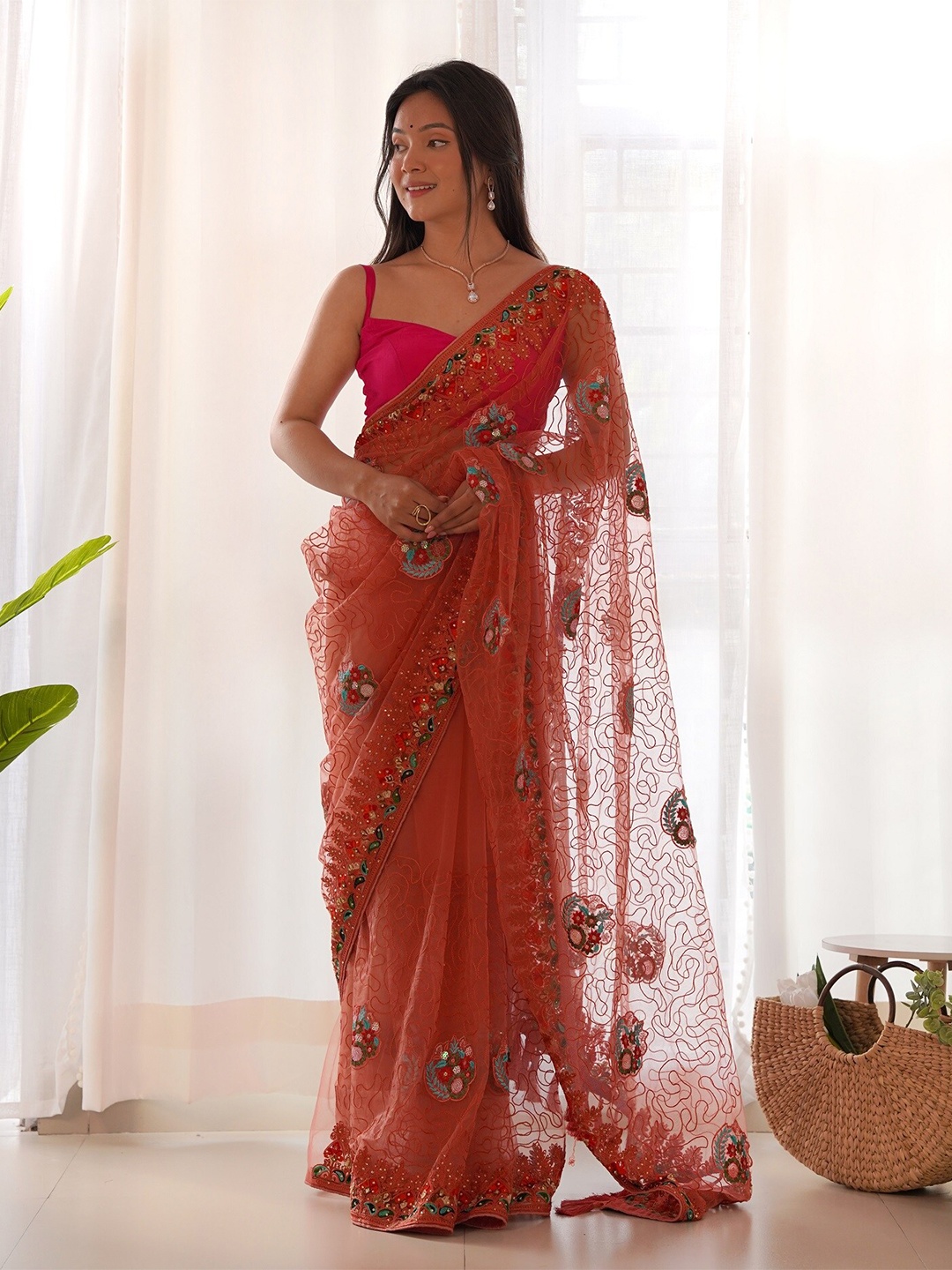 

Anouk Abstract Embellished Embroidered Organza Saree, Rust