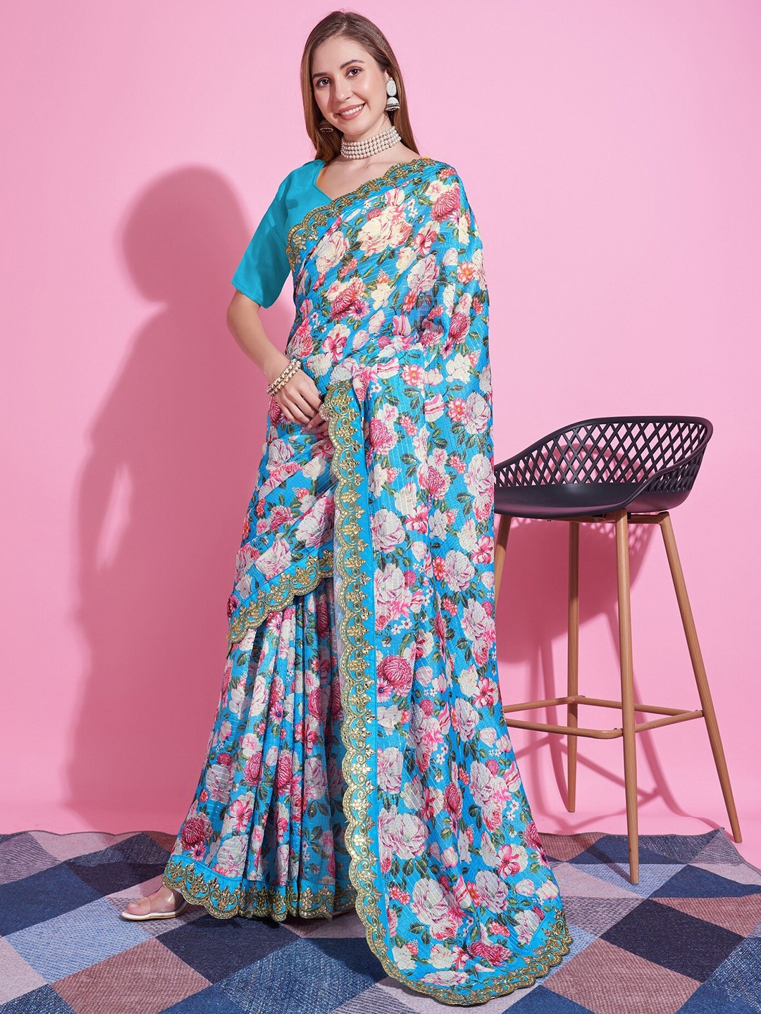 

Anouk Floral Printed Embroidered Saree, Blue