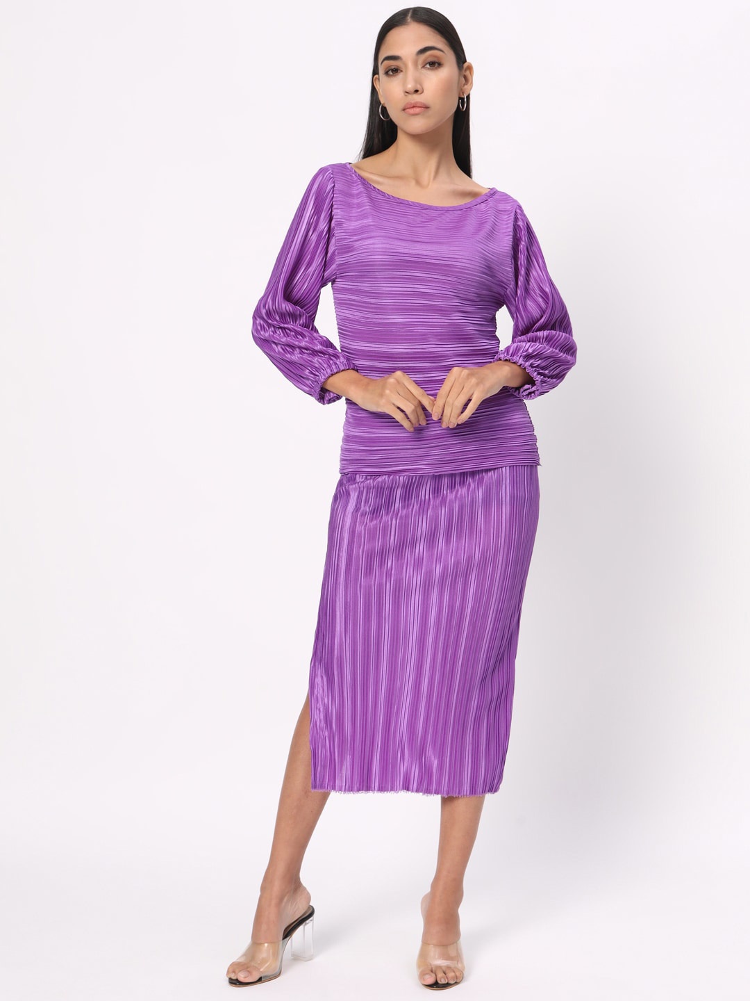 

DEPANO Self Designed Boat Neck Pleated Top & Skirt, Purple