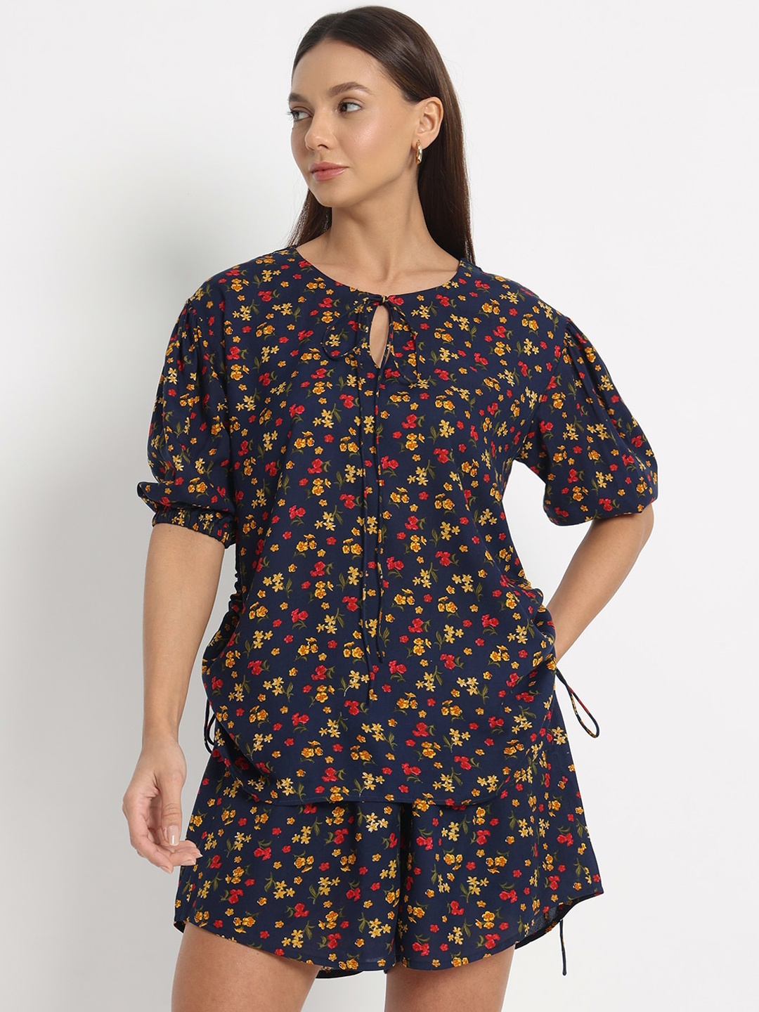 

DEPANO Printed Round Neck Short Sleeve Printed Top And Shorts Co-Ords, Navy blue