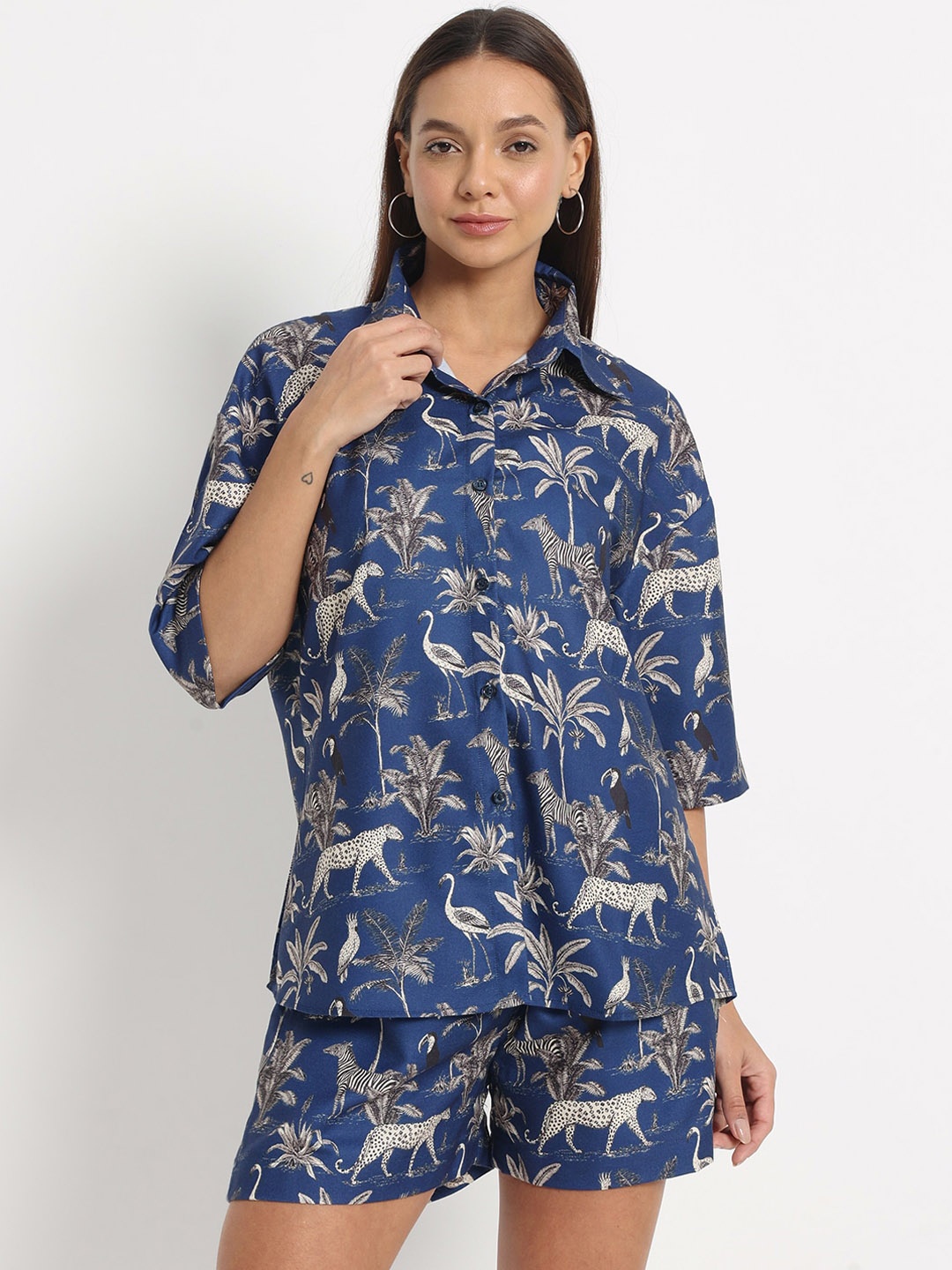 

DEPANO Printed Pure Cotton Shirt With Shorts, Blue