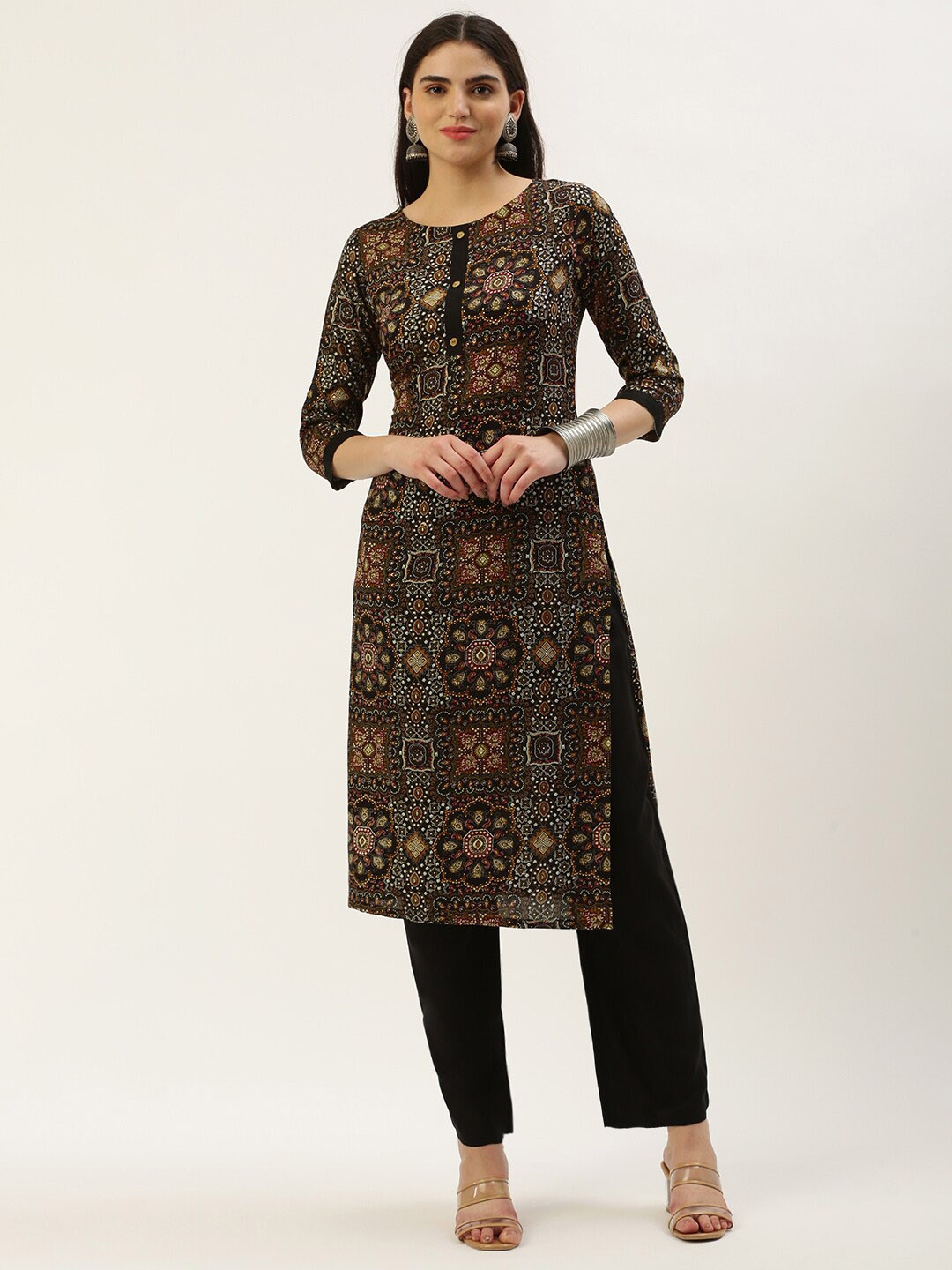 

KALINI Women Ethnic Motifs Printed Regular Straight Kurta with Trousers, Black