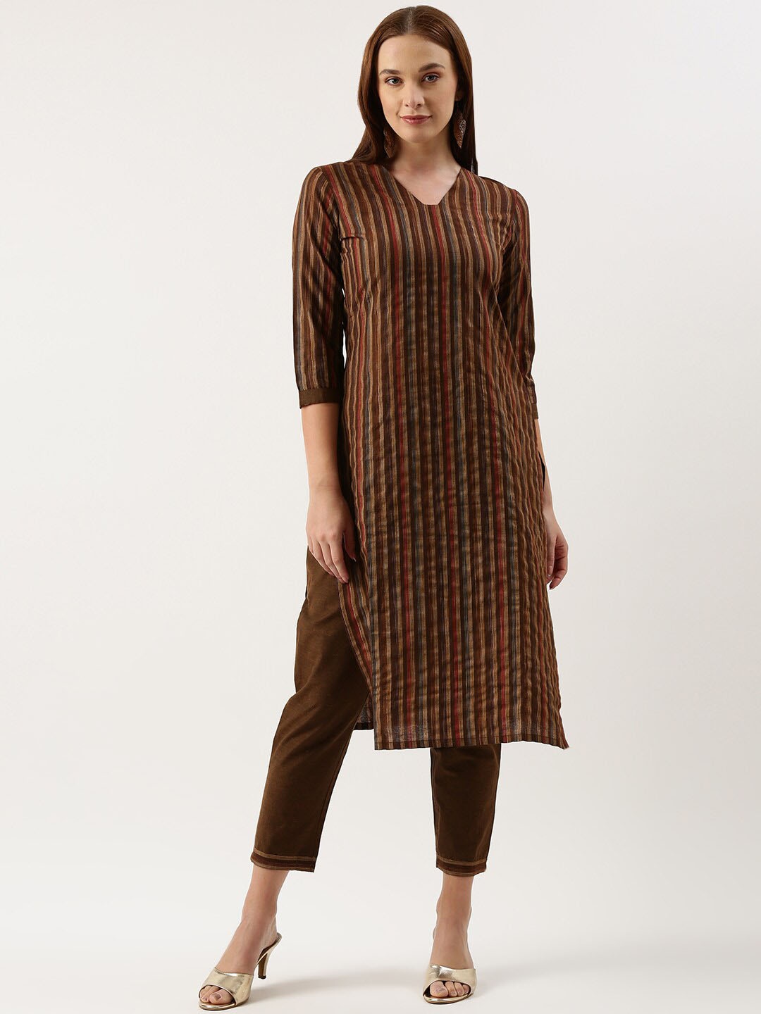 

KALINI Striped Woven Design Regular Kurta with Trousers, Brown
