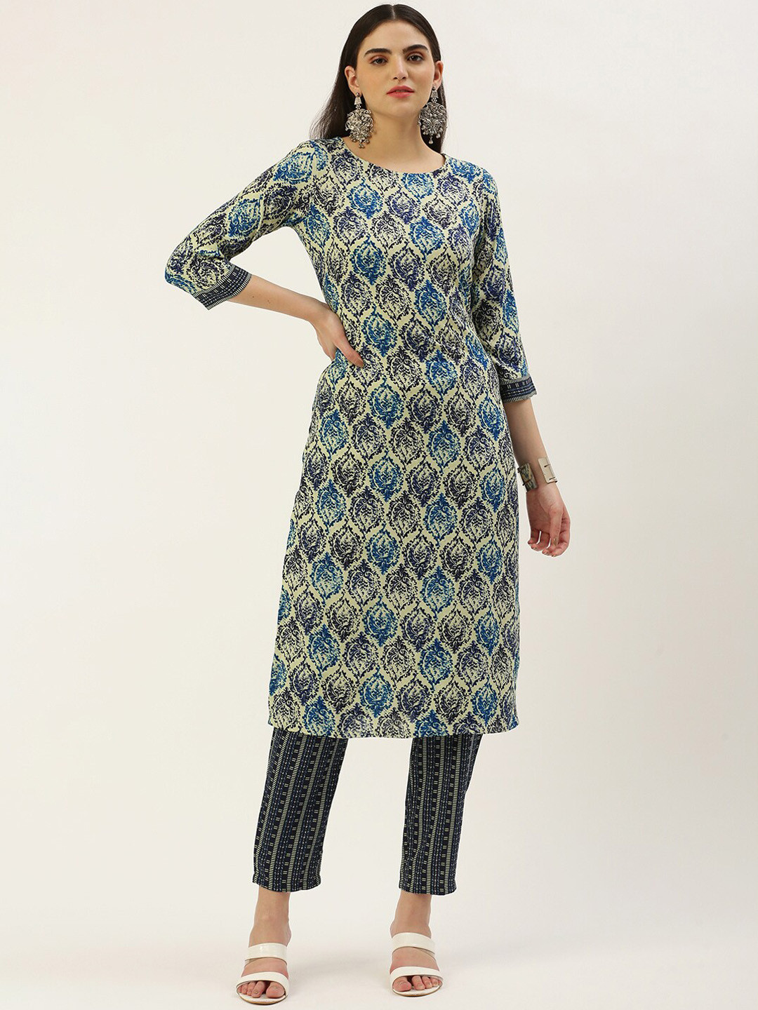 

KALINI Printed Round Neck Three-Quarter Sleeves Kurta with Trousers, Blue