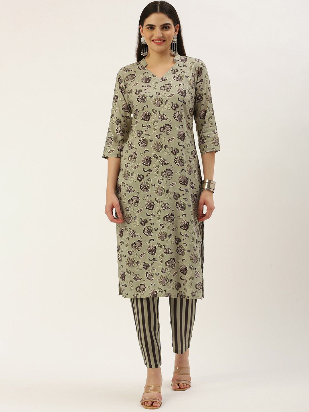 

KALINI Floral Printed Round Neck Three-Quarter Sleeves Straight Kurta with Trouser, Grey