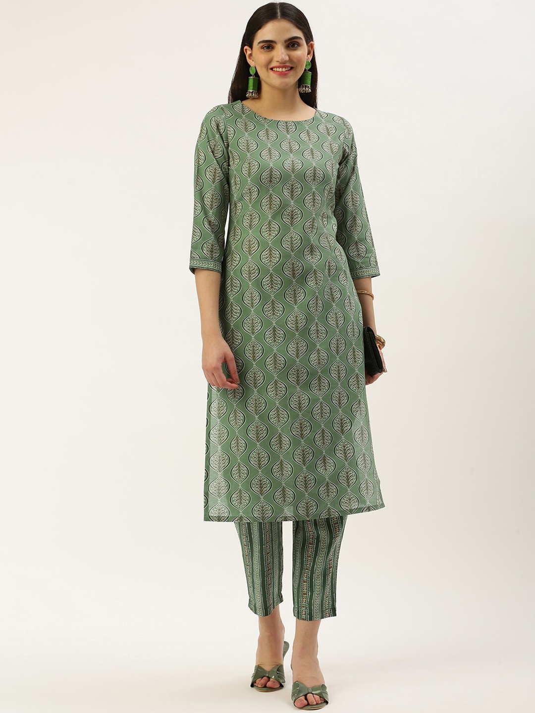 

KALINI Floral Printed Chanderi Cotton Straight Kurta With Trouser, Sea green