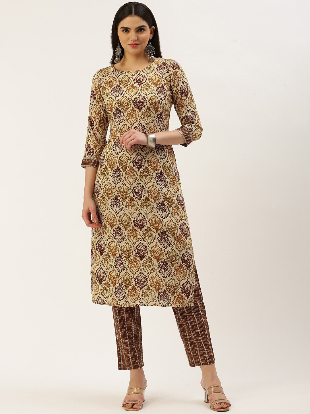 

KALINI Geometric Printed Regular Kurta with Trouser, Brown