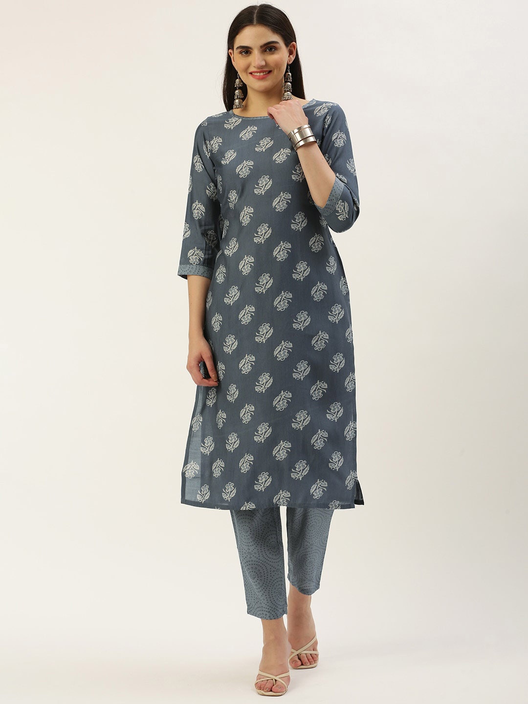 

KALINI Ethnic Motifs Printed Regular Chanderi Silk Kurta with Trouser, Grey