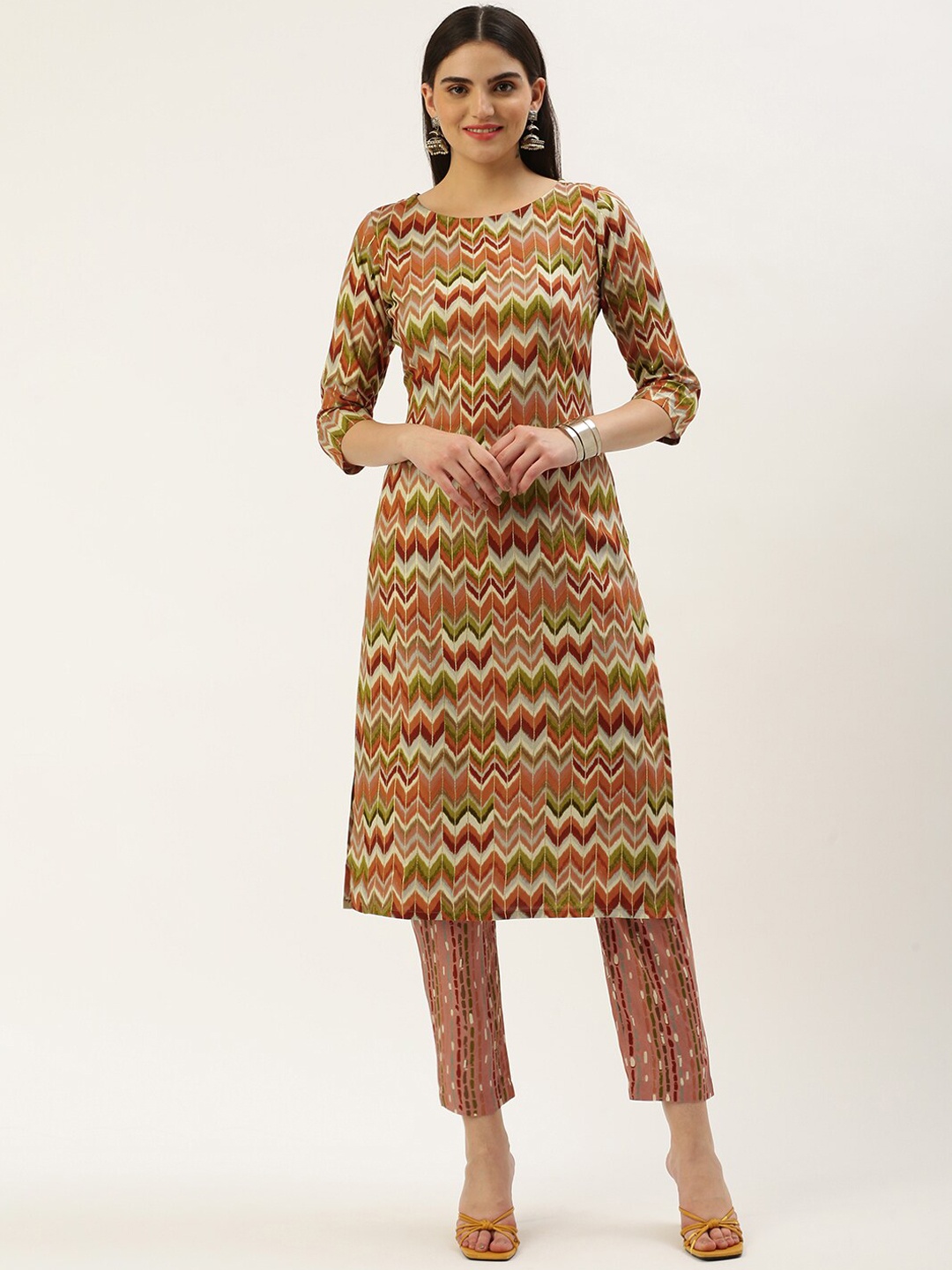 

KALINI Striped Round Neck Three-Quarter Sleeves Straight Kurta with Trousers, Rust